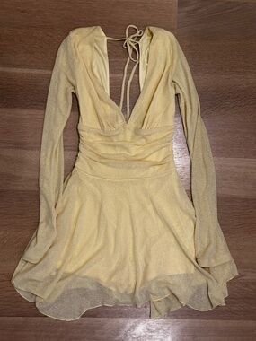 Wild Fable Yellow Mini Dress 💛 Deep V Flowy Long Sleeve Dress XXS